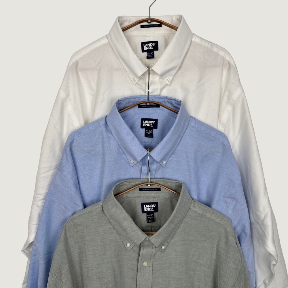 Lands End Mens Supima No Iron Oxford Shirt 3 Pack White Blue Grey 18.5 35 T